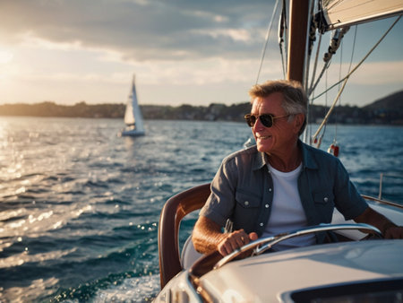 Senior man sailing on a luxury yacht in the sea at sunset.の素材