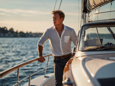 Handsome young man standing on the deck of a yacht at sunsetの素材