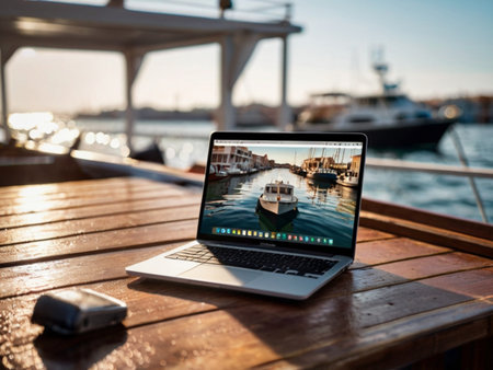 Laptop on a wooden table in the harbor with boats on the backgroundの素材