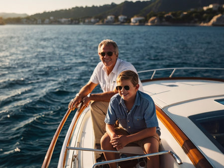 Grandfather and grandson sitting on the deck of a yacht and looking at the seaの素材