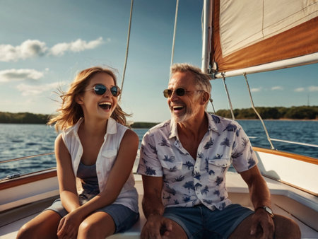 Happy senior couple in sunglasses sitting on the deck of a sailing yachtの素材