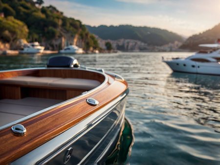 Luxury yachts and boats in the bay at sunsetの素材