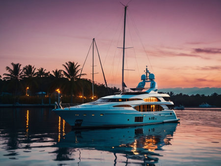 Luxury yachts in the harbor at sunset time.の素材