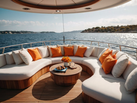 Luxury yacht interior with orange cushions on the deck.の素材