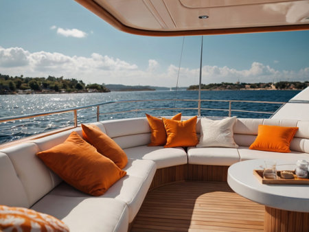 Luxury yacht with orange pillowsea viewの素材