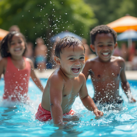 Happy children having fun in swimming pool on hot summer day. Selective focus.の素材