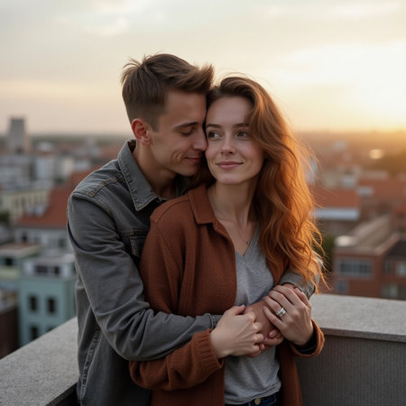 Portrait of a young loving couple on the roof of a buildingの素材