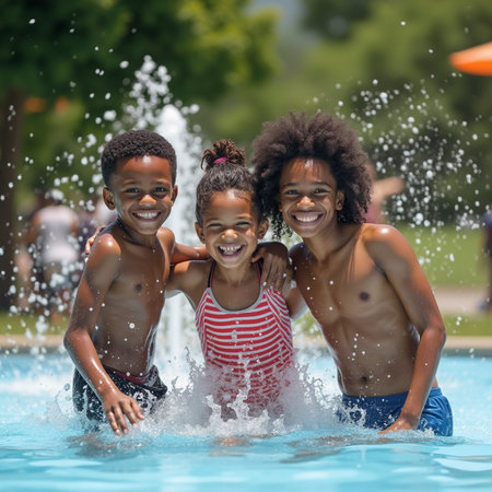 Portrait of happy African American children having fun in swimming poolの素材