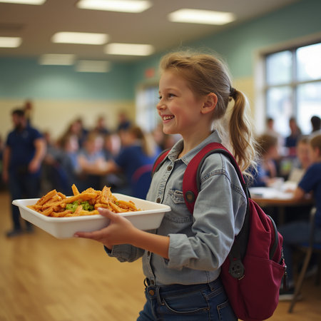 Portrait of smiling schoolgirl holding plate with French fries in classroomの素材
