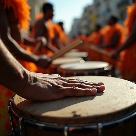 Hands of a Thai monk playing the drums during a religious ceremonyの素材