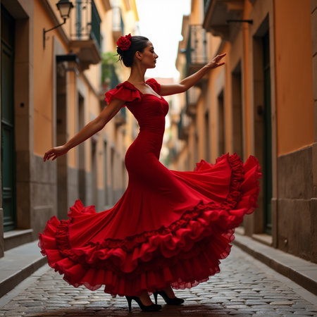 Beautiful brunette woman in red dress dancing flamenco in the city.の素材