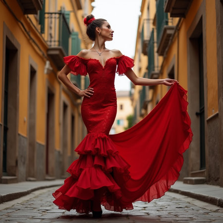 fashion outdoor photo of beautiful woman with dark hair in elegant dress posing in old cityの素材