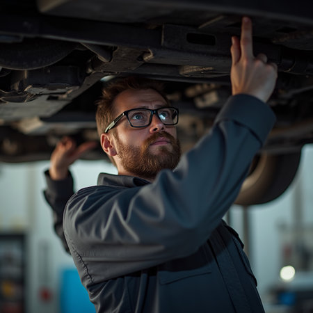 Portrait of a bearded male mechanic repairing a car in a garageの素材