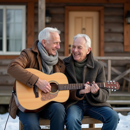 happy senior couple playing guitar outdoors on winter day, family holiday conceptの素材