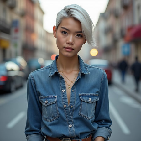 Fashion portrait of young beautiful woman in jeans jacket on the streetの素材