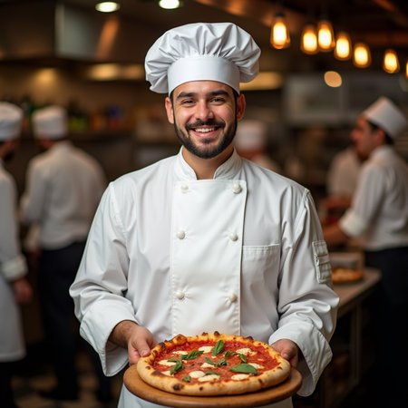 Portrait of a smiling male chef holding a pizza in a commercial kitchenの素材