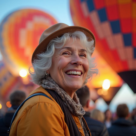 Unidentified woman on the background of hot air balloons festival in Stockholm.の素材