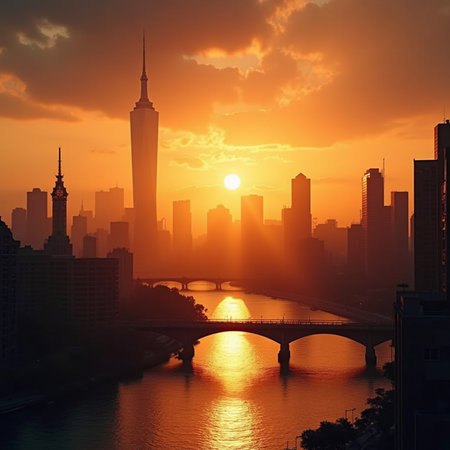Shanghai skyline at sunset, China. Shanghai is the capital and largest city of China.の素材