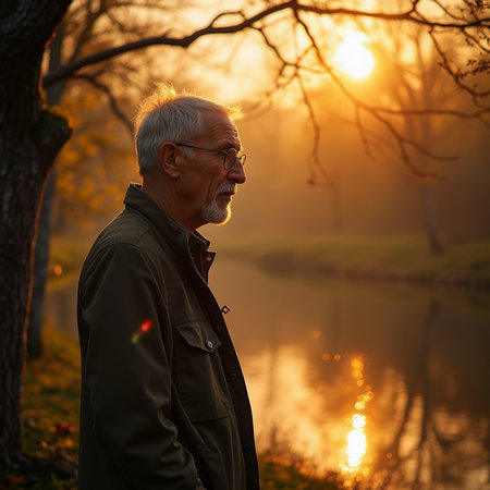 Portrait of a senior man in autumn park at sunset. Retirement concept.の素材