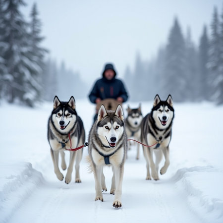 Husky sled dog racing. Siberian husky dogs pull sled with musher. Winter sport competition.の素材