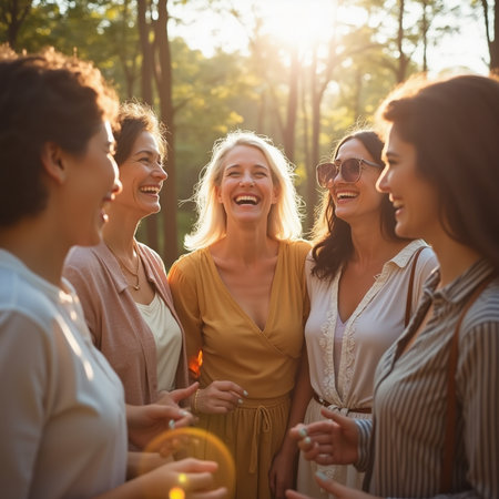 Group of happy female friends having fun together in the park. They are looking at each other and laughing.の素材