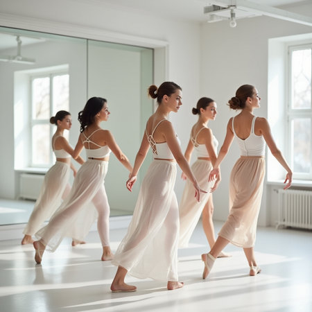 Full length of young ballerinas dancing in dance studio. Women in white dresses moving in dance hall.の素材