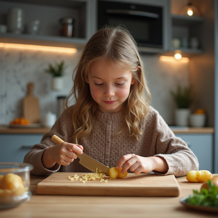 Cute little girl cooking in the kitchen at home. Healthy food concept.の素材