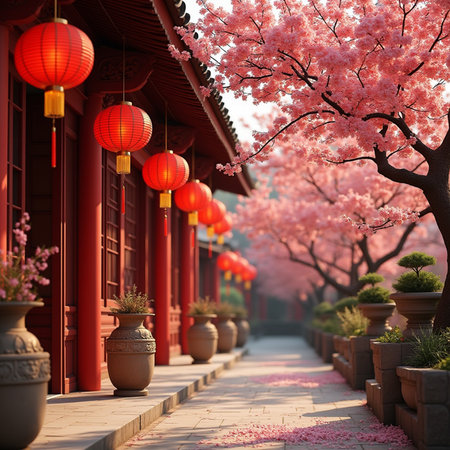 cherry blossom in Chinese garden with red lanterns.の素材