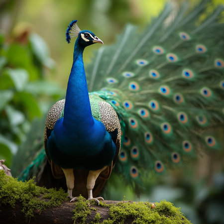 Portrait of beautiful peacock with feathers out in the nature.の素材