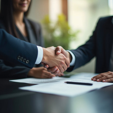 Business people shaking hands, finishing up a meeting. Business concept.の素材