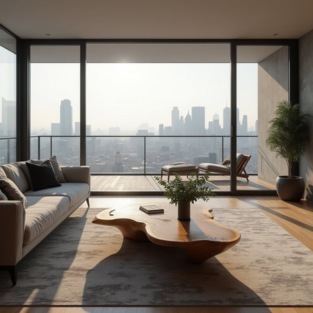 Modern living room interior with panoramic city view. 3D Renderingの素材