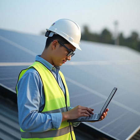 Engineer working with laptop at solar power plant, solar energy conceptの素材