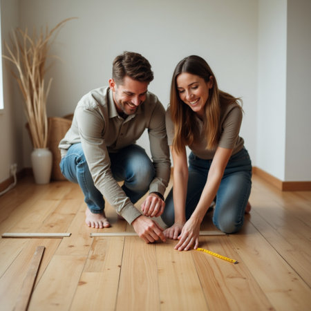 Young couple installing new wooden flooring in their new home. Focus on the womanの素材