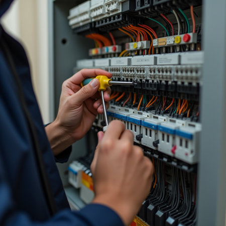 Electrician repairing an electrical panel with a screwdriver. Selective focus.の素材