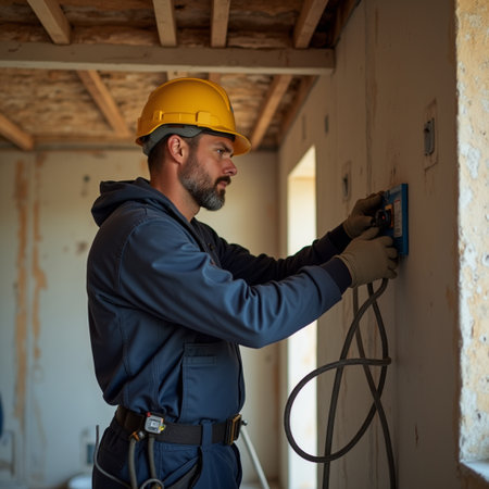 Electrician in a hard hat with a screwdriver in his handの素材