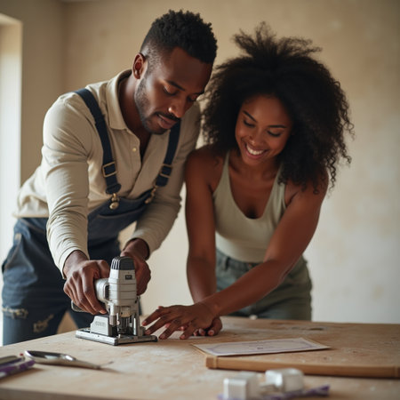 Young African American couple working together at home. They are using a cordless screwdriver and cutting wood.の素材
