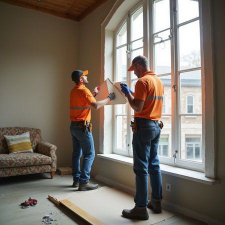 Two professional workers installing a window in a new house. They are wearing safety helmets.の素材