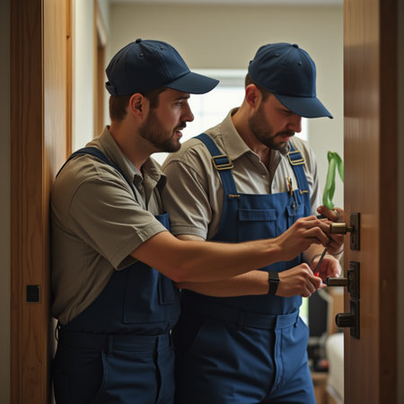Two workers fixing a door in a new house. Men in uniform.の素材