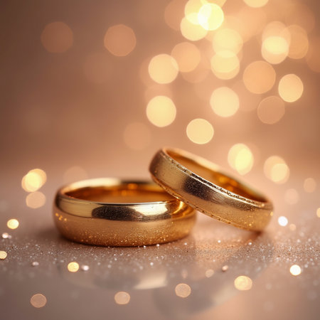Wedding rings on bokeh background, close-upの素材