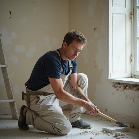 handsome young repairman in uniform working with a hammer in the roomの素材