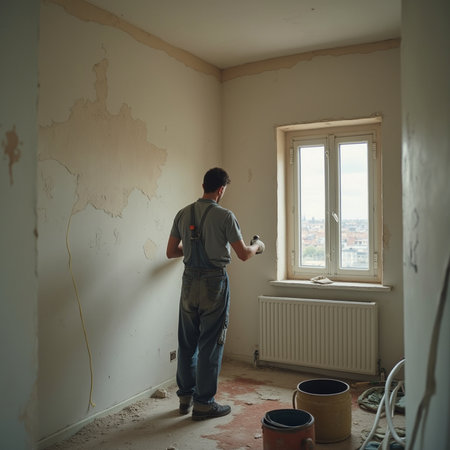 Worker painting a wall in a room. Renovation concept.の素材