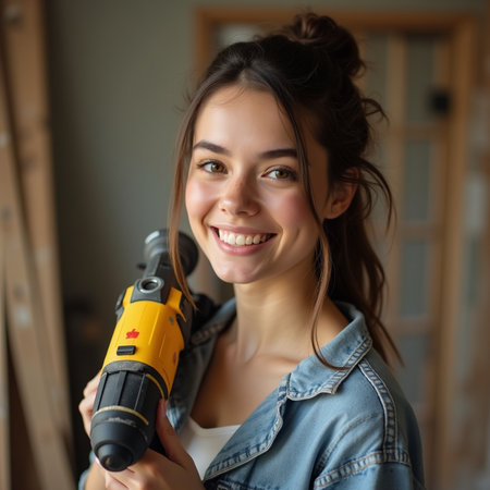 Portrait of a beautiful young woman holding a cordless drill.の素材