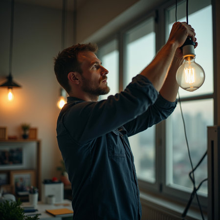 Young man holding a lightbulb in his hands while standing in the office.の素材