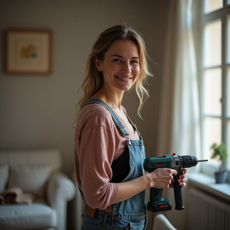Smiling young woman holding a cordless drill and looking at the cameraの素材