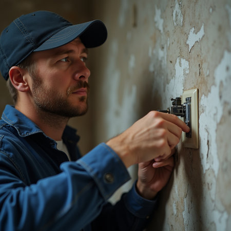 Repairman installing a light switch on a wall in an apartmentの素材
