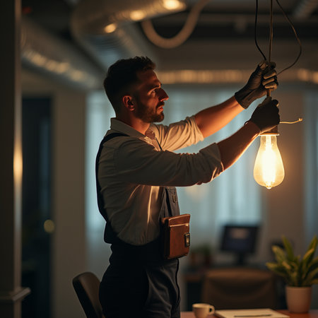 Handsome young businessman holding a light bulb while working in officeの素材