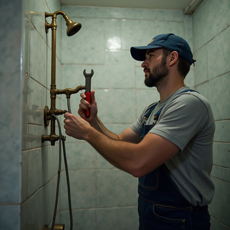 Plumber repairing a water pipe in a bathroom. Selective focus.の素材