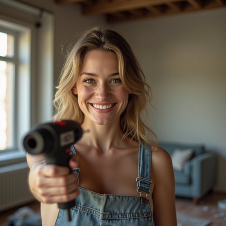 Portrait of beautiful young woman holding electric drill and smiling at cameraの素材