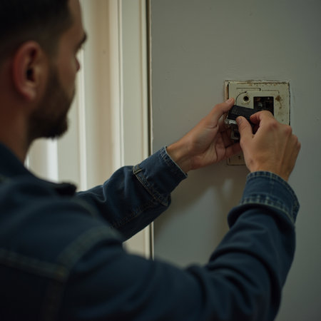 A man with a beard in a blue jacket is installing an electrical outlet.の素材