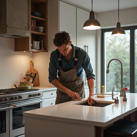 Handsome young man in apron preparing food in the kitchen at homeの素材